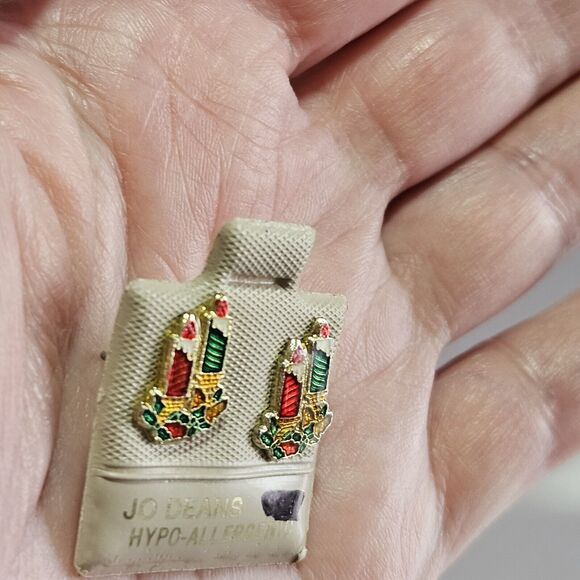 Vintage Jo Deans Christmas Candle Enamel Stud Earrings - Picture 3 of 13